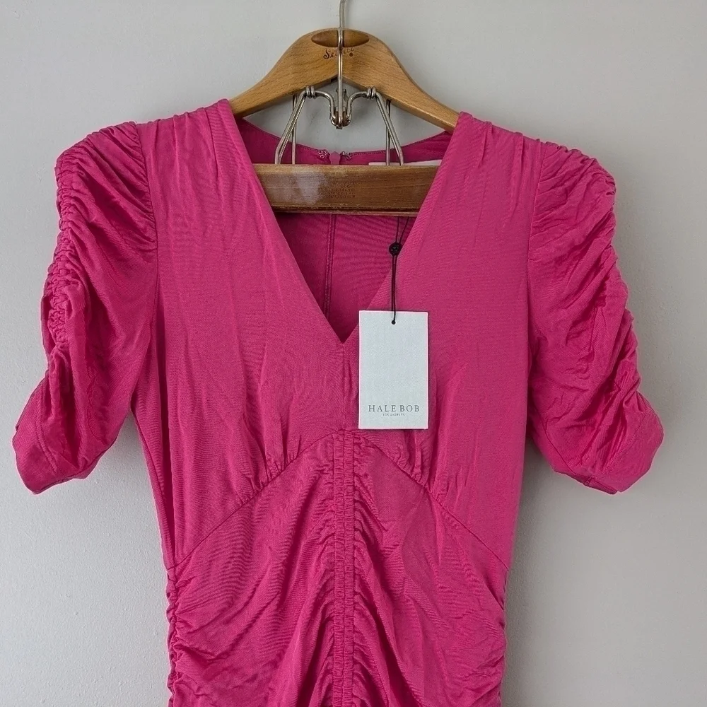 Hale Bob Dress Women's XS Pink Raspberry Bronwen Solid Jersey Shirred NEW